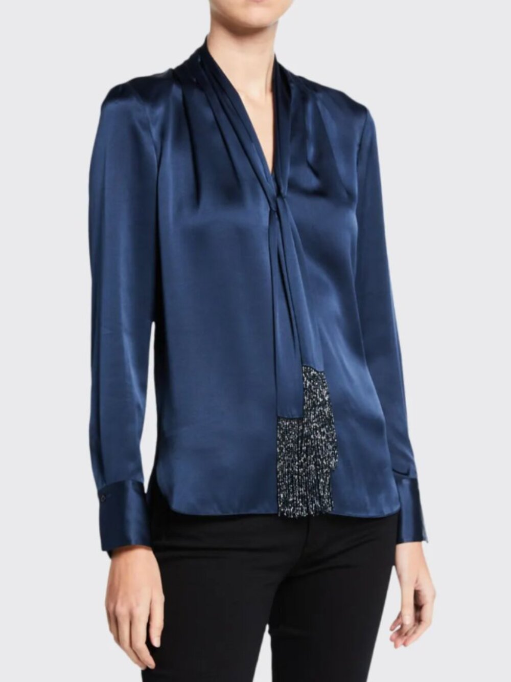 NWT Elie Tahari Kendal Silk Fringe-Sash Top in Blue Medium